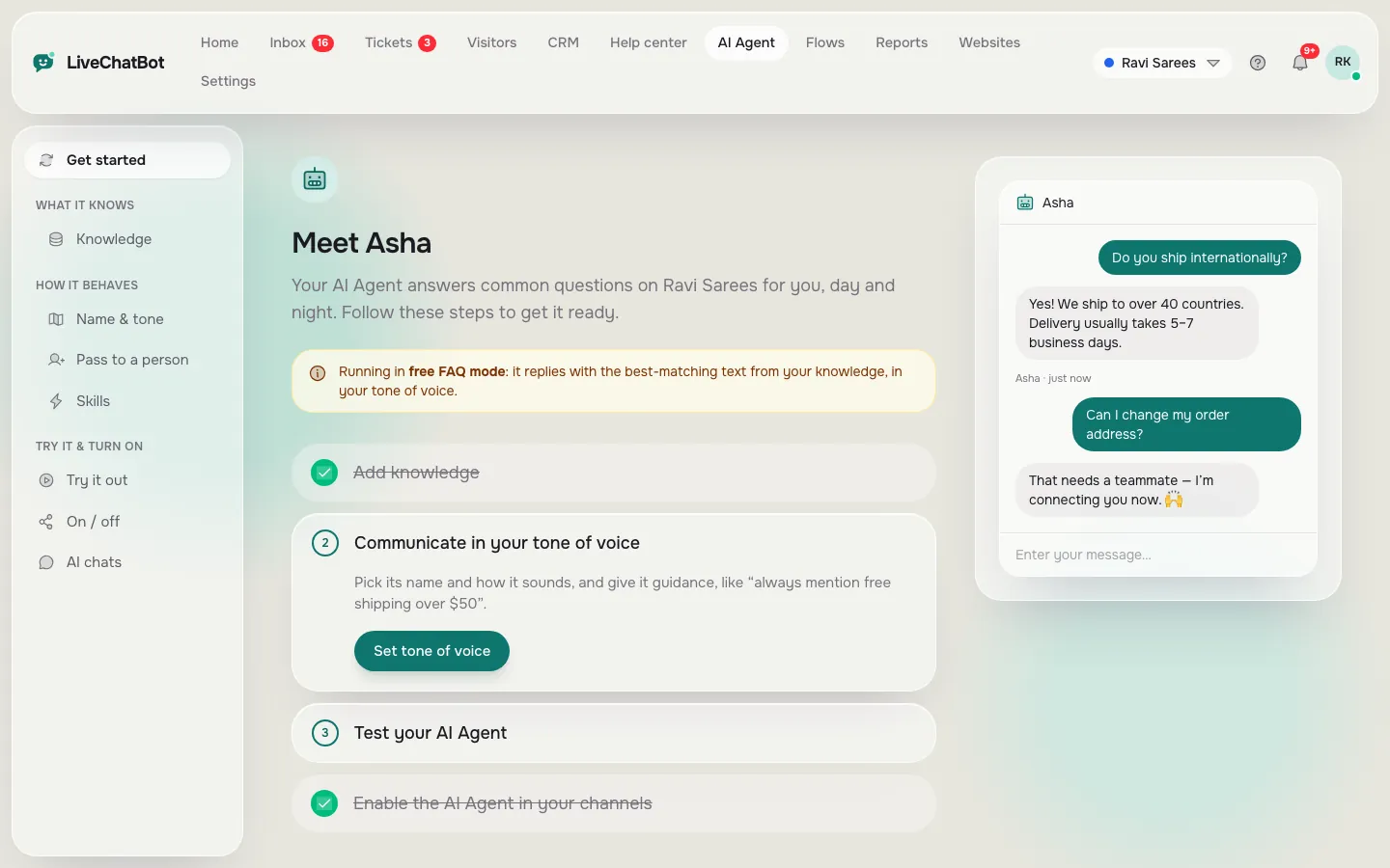 AI Agent setup page with steps: add knowledge, communicate in your tone of voice, test your AI Agent and enable it, with a chat preview