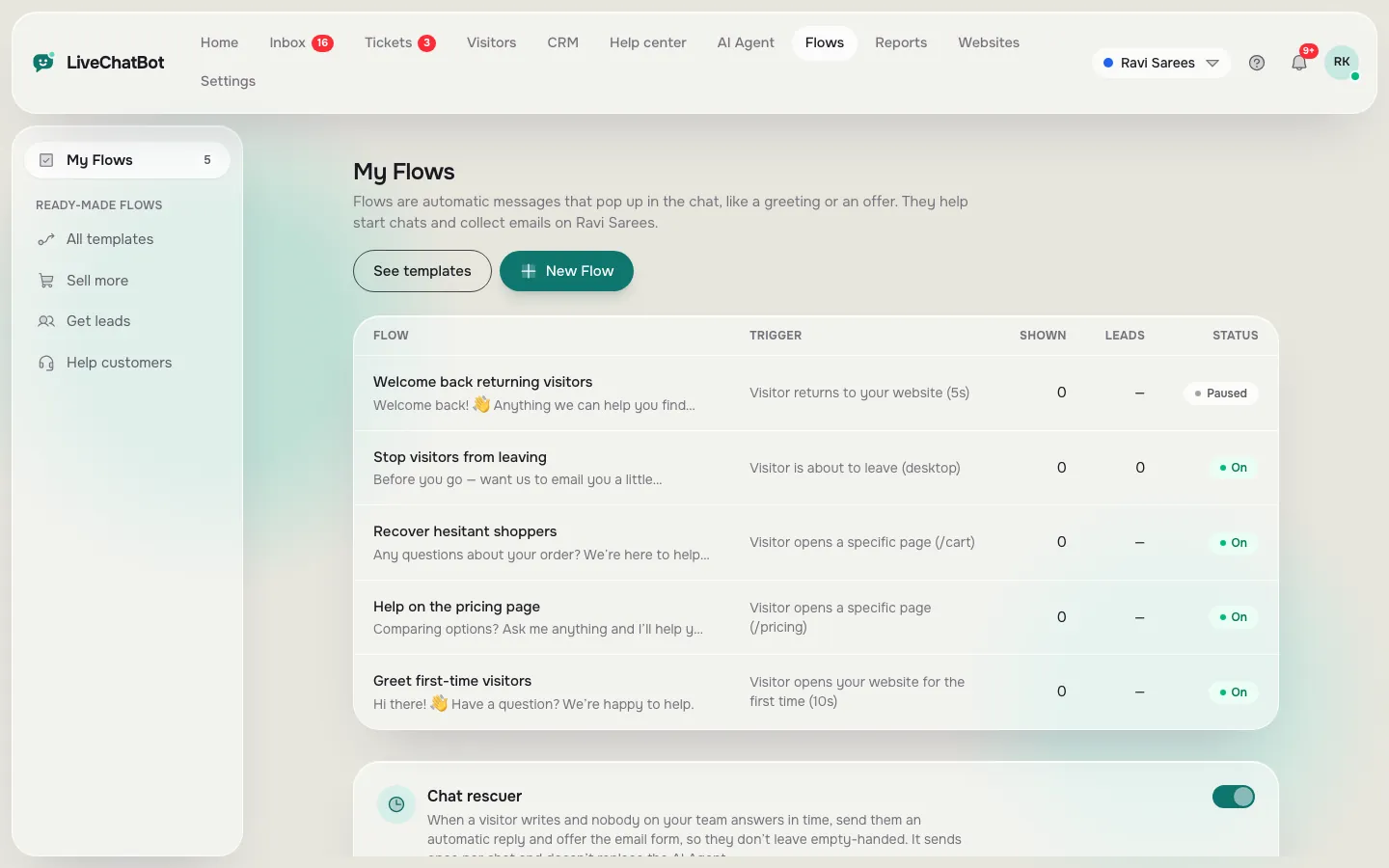 My Flows list with Welcome back returning visitors, Stop visitors from leaving, Recover hesitant shoppers, Help on the pricing page and Greet first-time visitors, with the chat rescuer below