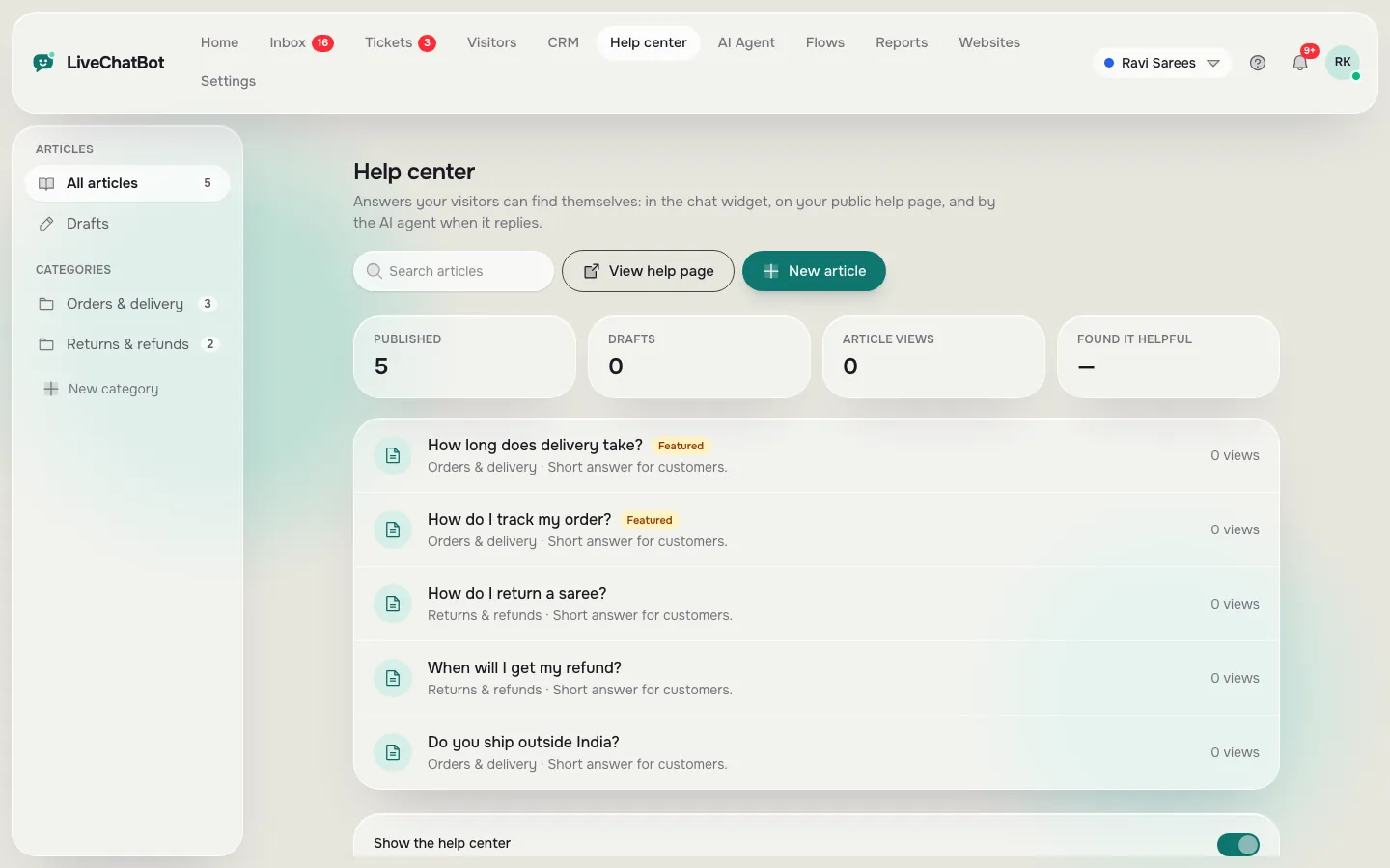Help center admin page with published articles like How long does delivery take, How do I track my order and How do I return a saree
