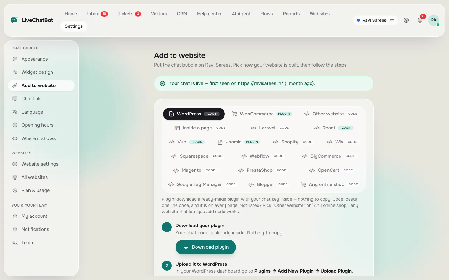Add to website page with tabs for WordPress, WooCommerce, other website, Shopify, Wix, Squarespace, Webflow, Joomla, React and Vue, and a Download plugin button