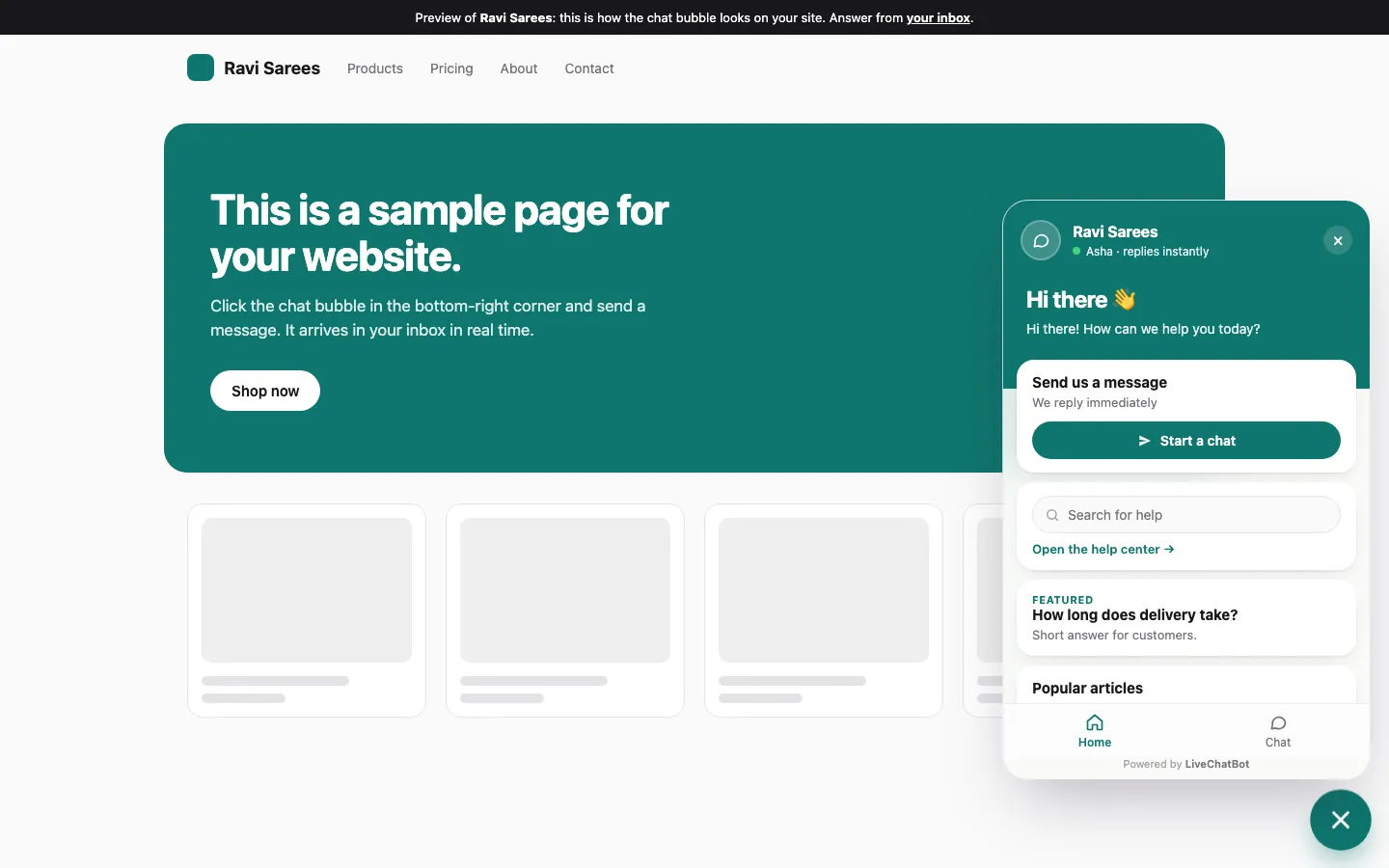 LiveChatBot chat widget open on a website, showing the welcome message, a Start a chat button, help search and popular articles
