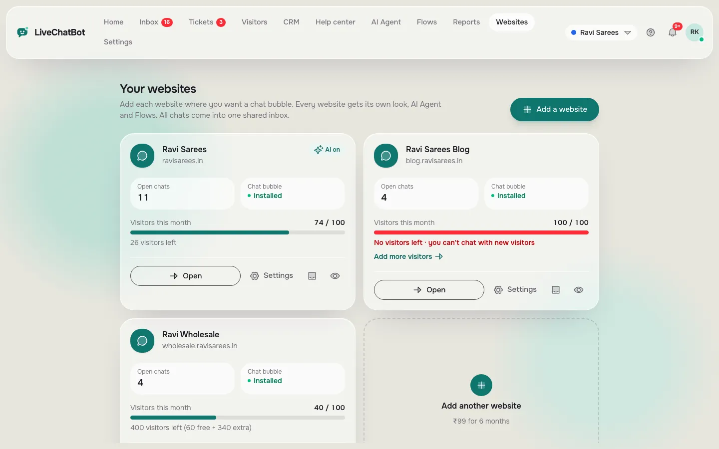 Your websites page with cards for Ravi Sarees, Ravi Sarees Blog and Ravi Wholesale showing open chats, install status and visitors this month