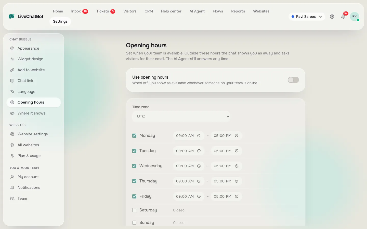 Opening hours settings with a time zone and opening and closing times for each day of the week