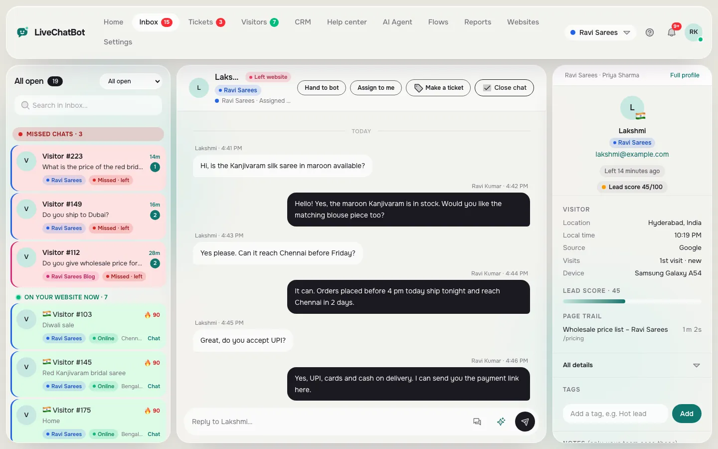 LiveChatBot inbox with missed chats and visitors on the website on the left, an open conversation in the middle, and visitor location, device, lead score and page trail on the right
