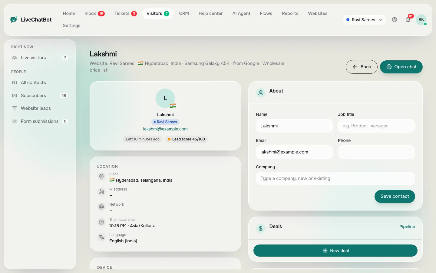 Visitor profile for Lakshmi with location Hyderabad, local time, network, language, lead score and an editable contact form with deals