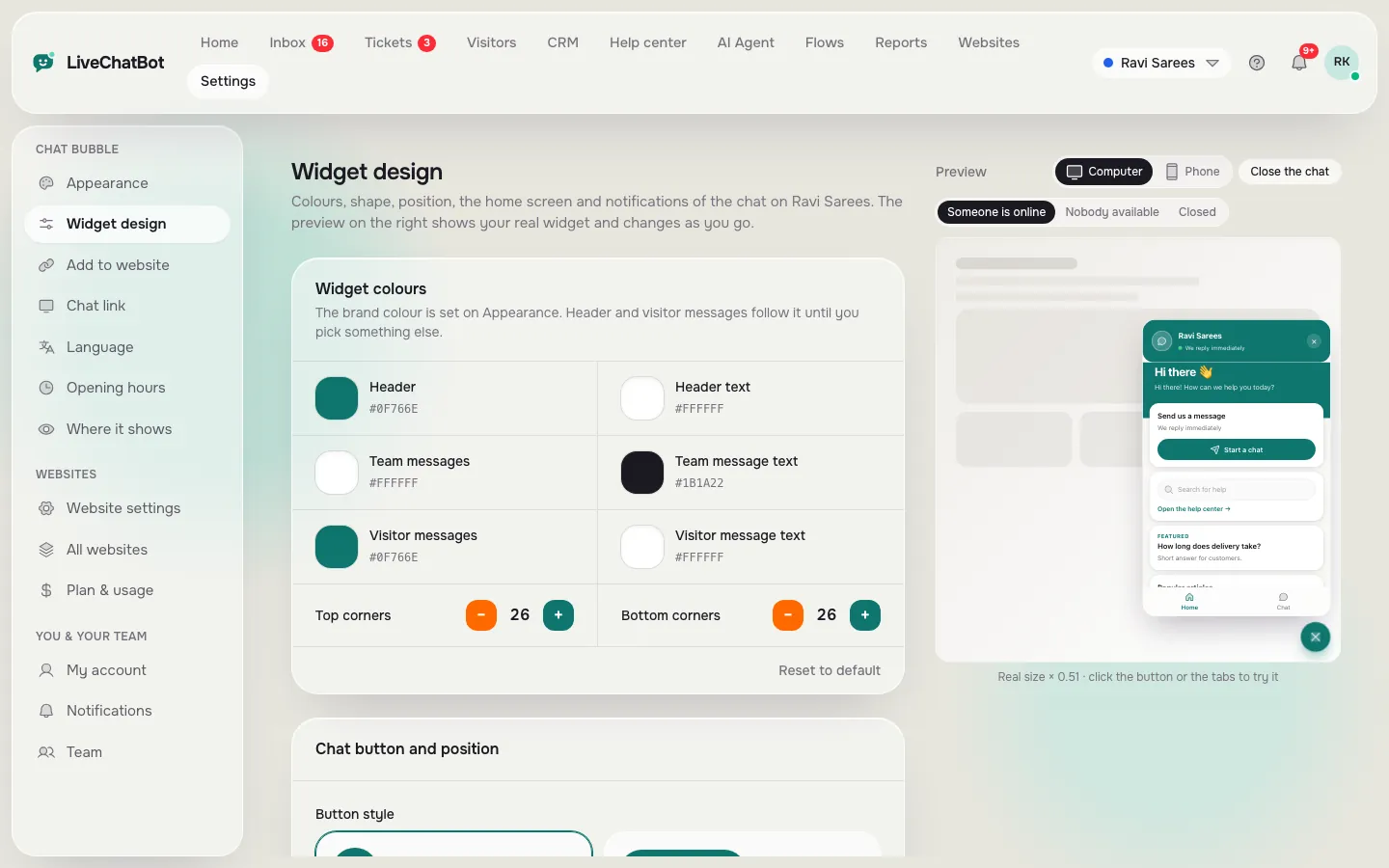 Widget design settings page with colour pickers for header, team and visitor messages, and a live preview of the chat on the right